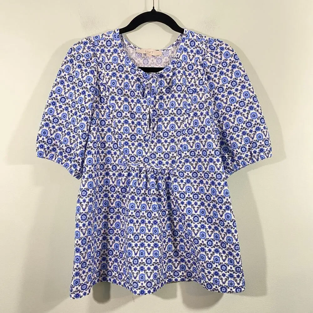 LOFT Women Blue Mediterranean Print Short Puff Sleeve Blouse Size S